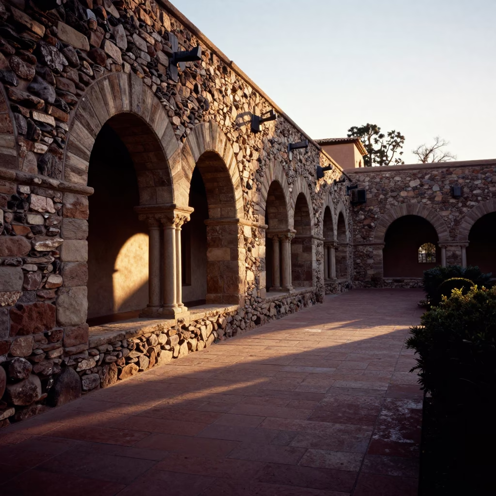 Santa Fe University Cloister Walkway at Sunset with Stone Architecture and Cypress Trees in in Santa Fe, New Mexico, United States