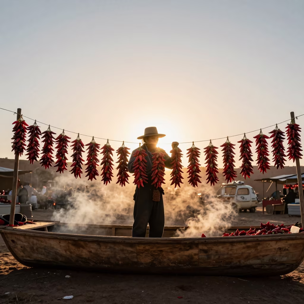 Santa Fe Vendor Stringing Ristras at Sunset in at a floating market boat in Santa Fe
