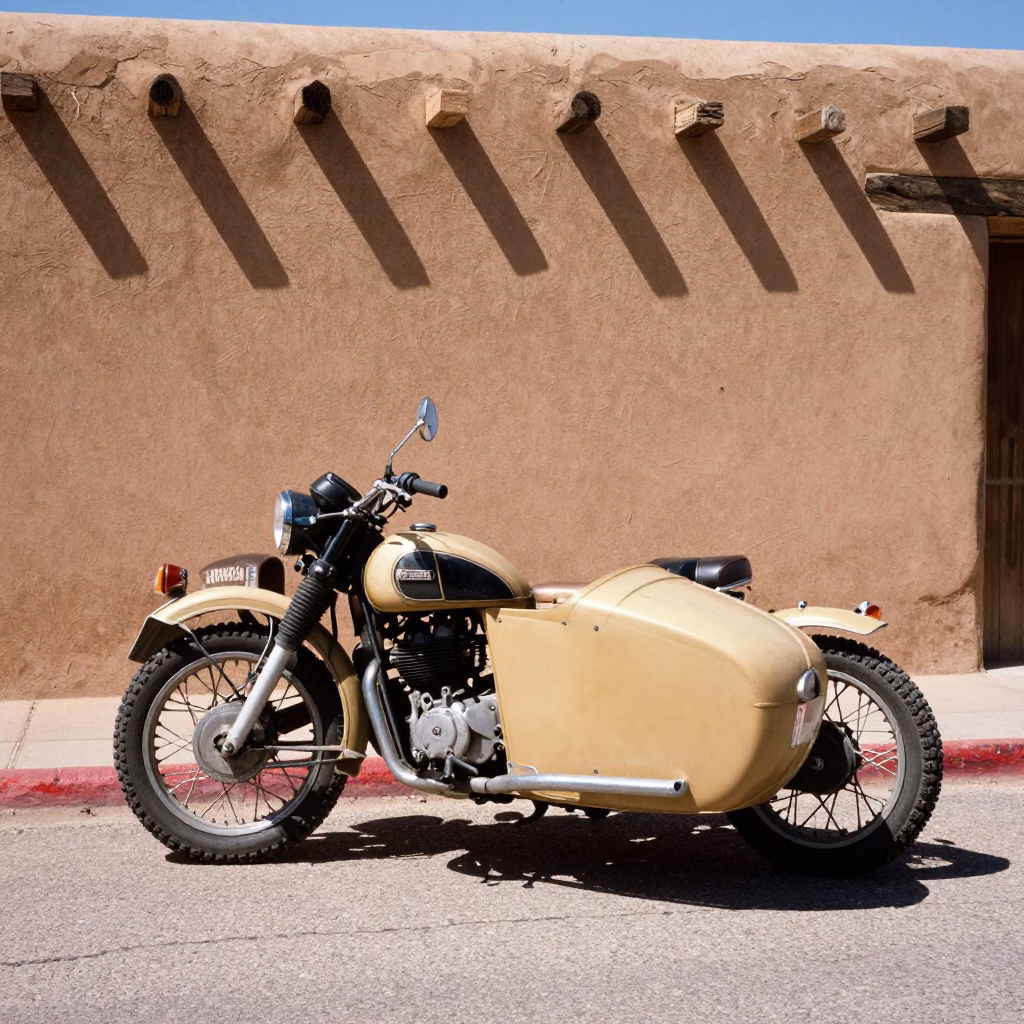 Santa Fe Vintage Motorcycle at Bright Midmorning Light in in Santa Fe, New Mexico, United States