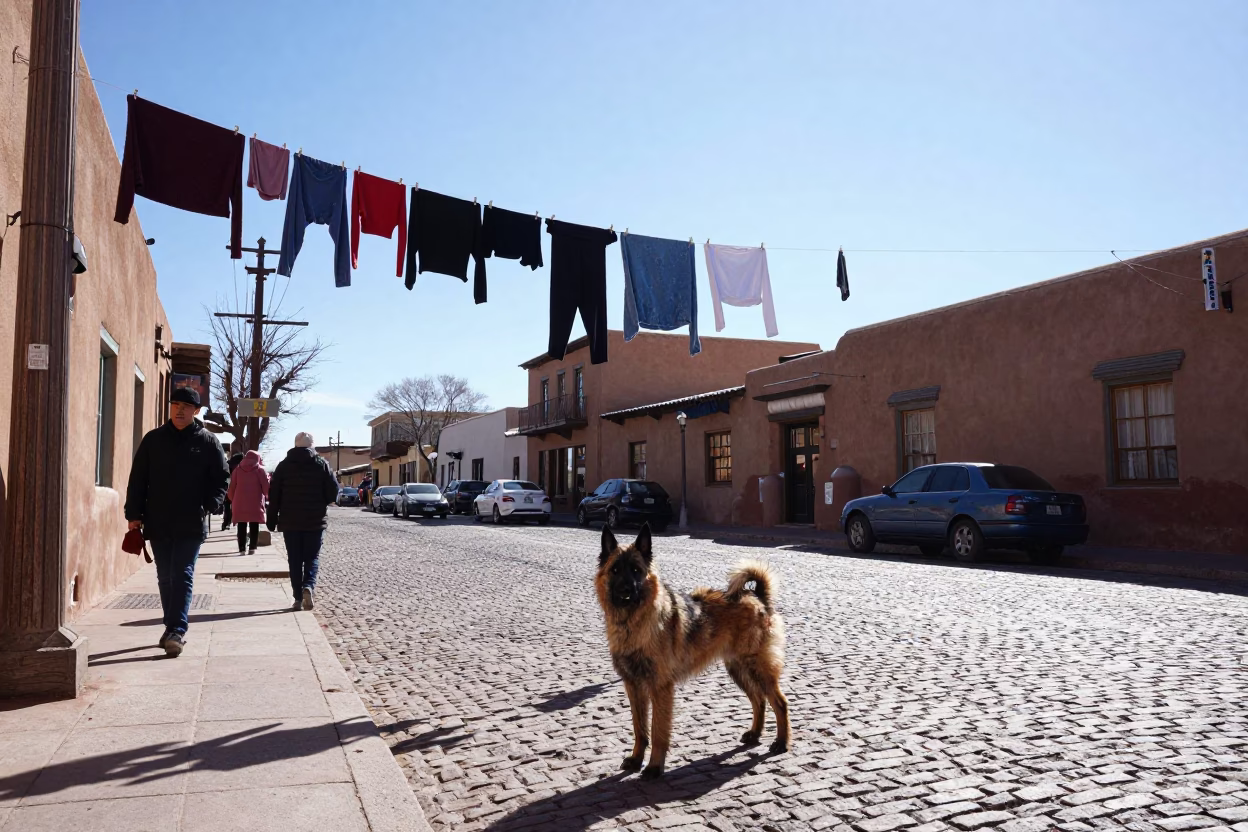 Santa Fe Winter Noon Street Scene With Clothesline And Tervuren in in Santa Fe, New Mexico, United States