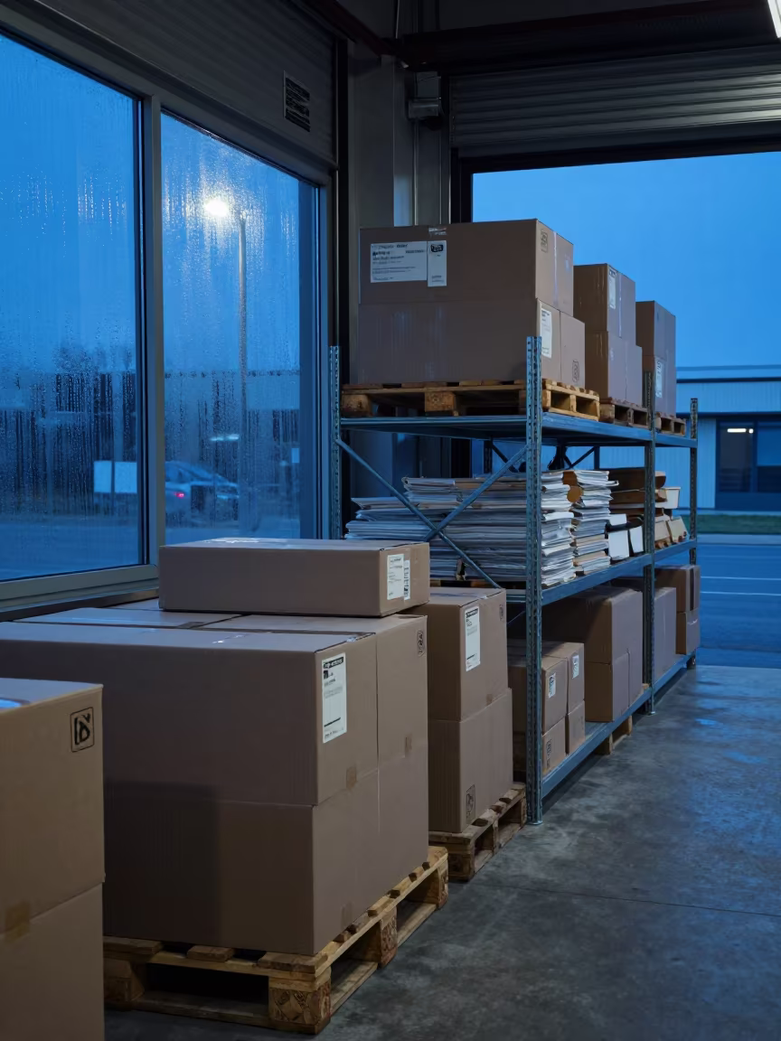 Santander Pallet Dispute Shelf Blue Hour Light in at a fulfillment packing station in Santander
