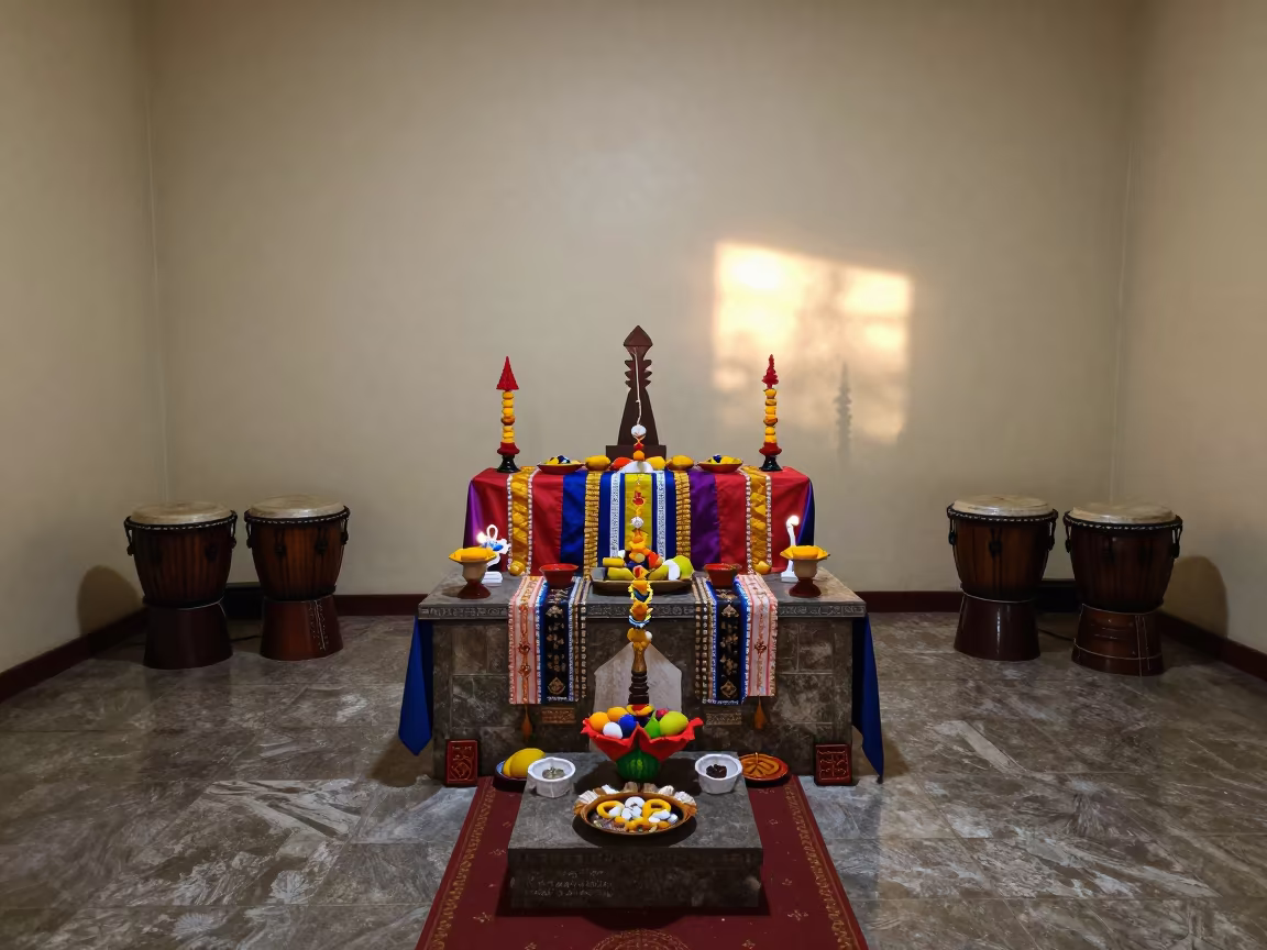 Santeria Ceremony Drumming Altar First Light in at the foot of a stone altar in San Diego