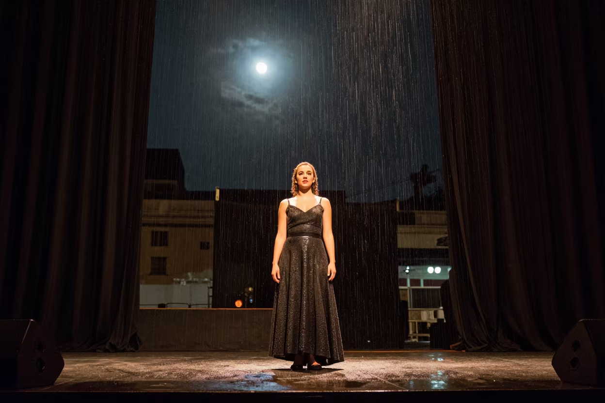Santiago Cabaret Singer Under Moonlight Drizzle in on a festival main stage in Santiago