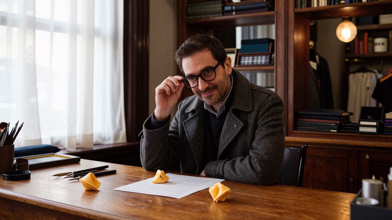 Santiago Fortune Cookie Writer in Tailor Shop in in a modest tailor's shop in Santiago