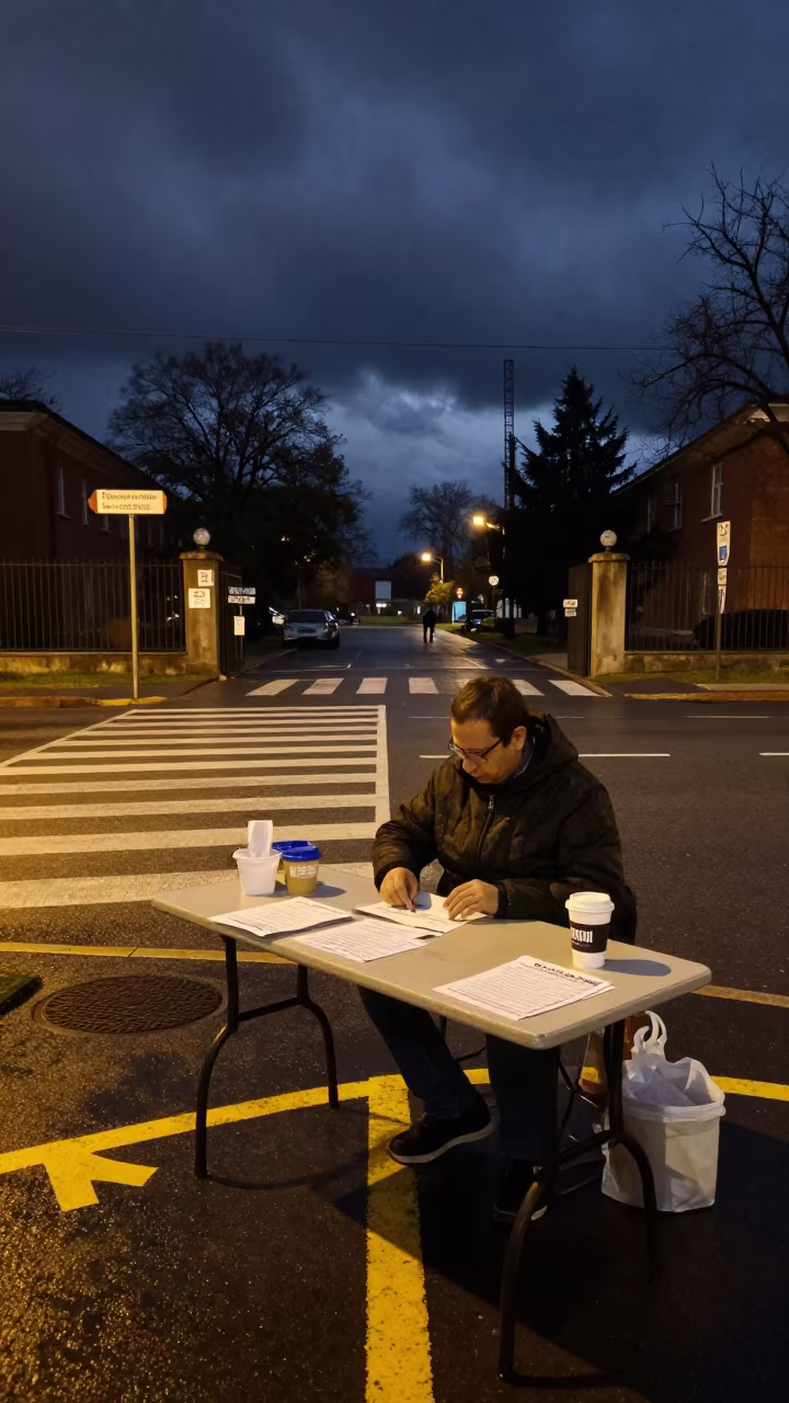 Santiago Polling Station Night Check-in Table in at a crosswalk by a school gate in Santiago