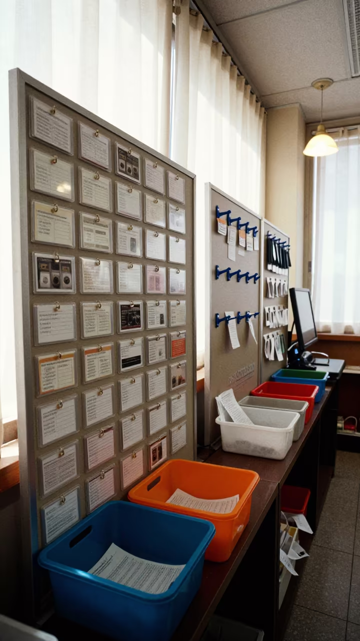 Santiago Tool Rental Board with Claim Tags in at a checkout lane under flat store light in Santiago