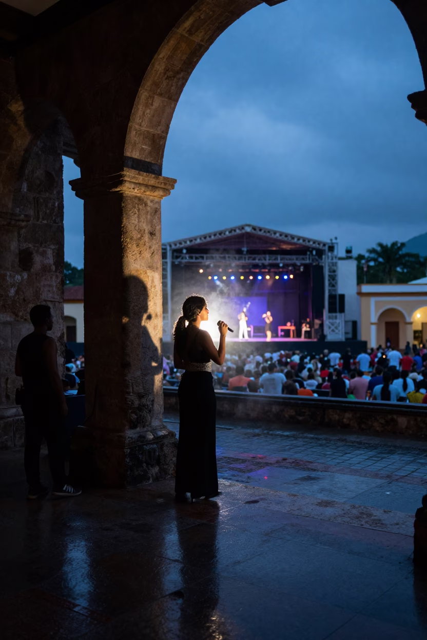 Santo Domingo Cabaret Singer Blue Hour Shadow in on a festival main stage in Santo Domingo