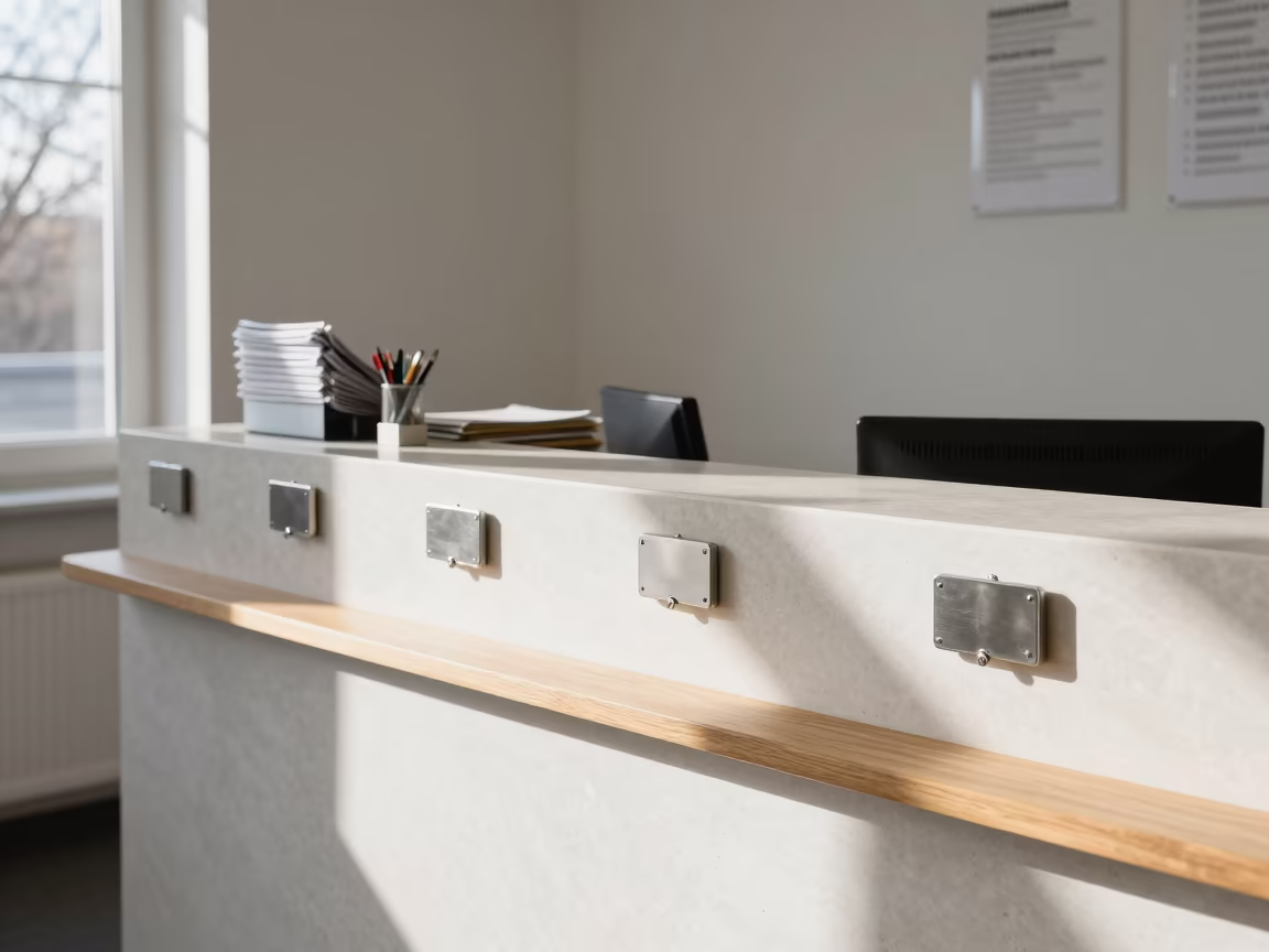 Santorini Office Nameplate Cup at Noon in at an office reception desk in Santorini