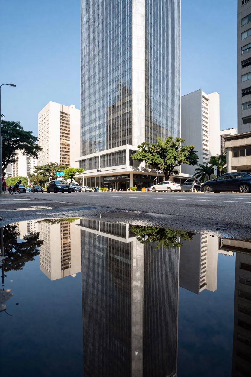 São Paulo Avenida Paulista Noon Puddle Reflection of Hotel Windows and Tail Lights in in São Paulo, Brazil