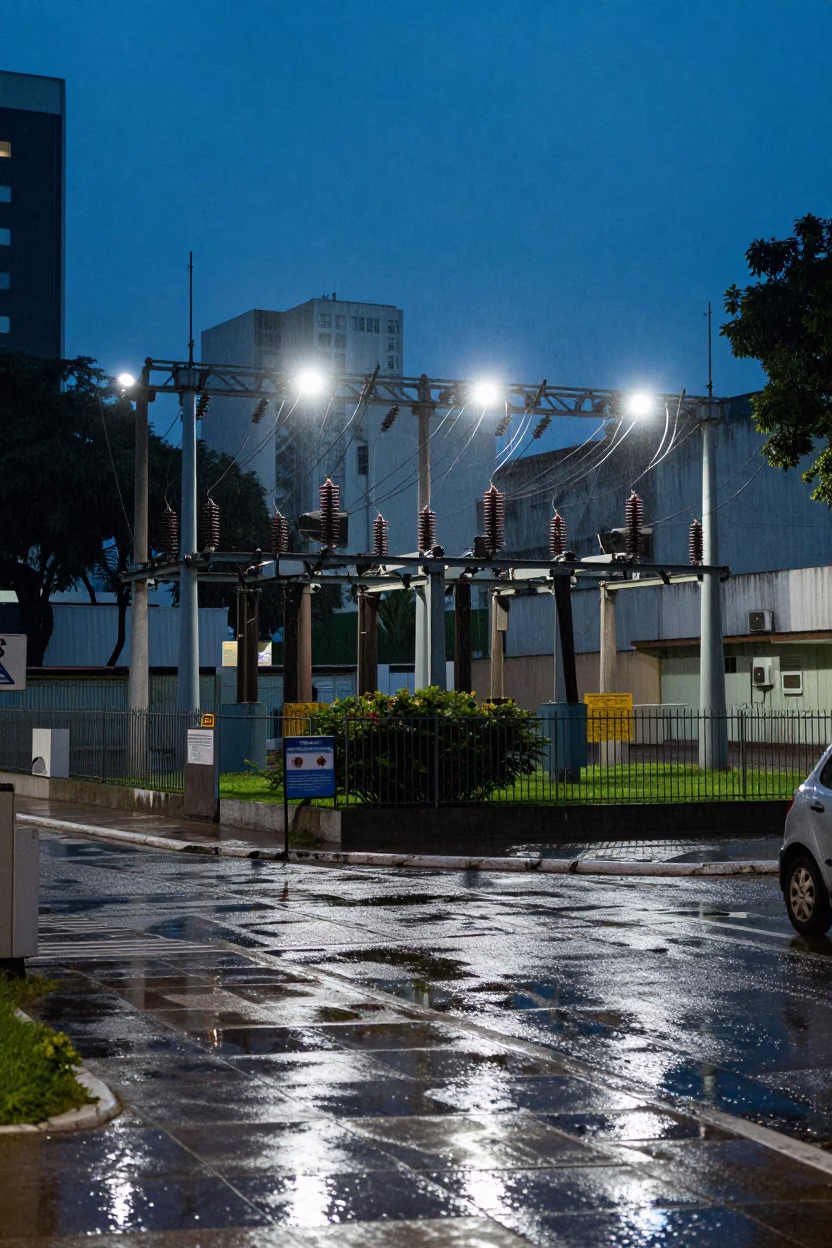 São Paulo Blue Hour Street Scene With Power Substation Insulators Sparkling Under Floodlights in in São Paulo, Brazil