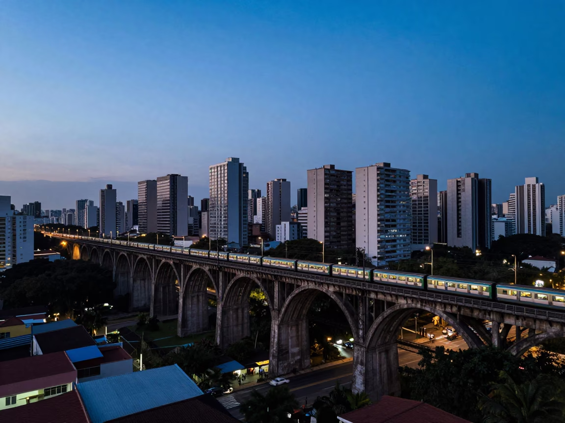 São Paulo Brazil Blue Hour Railway Viaduct Arch and Passing Train Cityscape in in São Paulo, Brazil