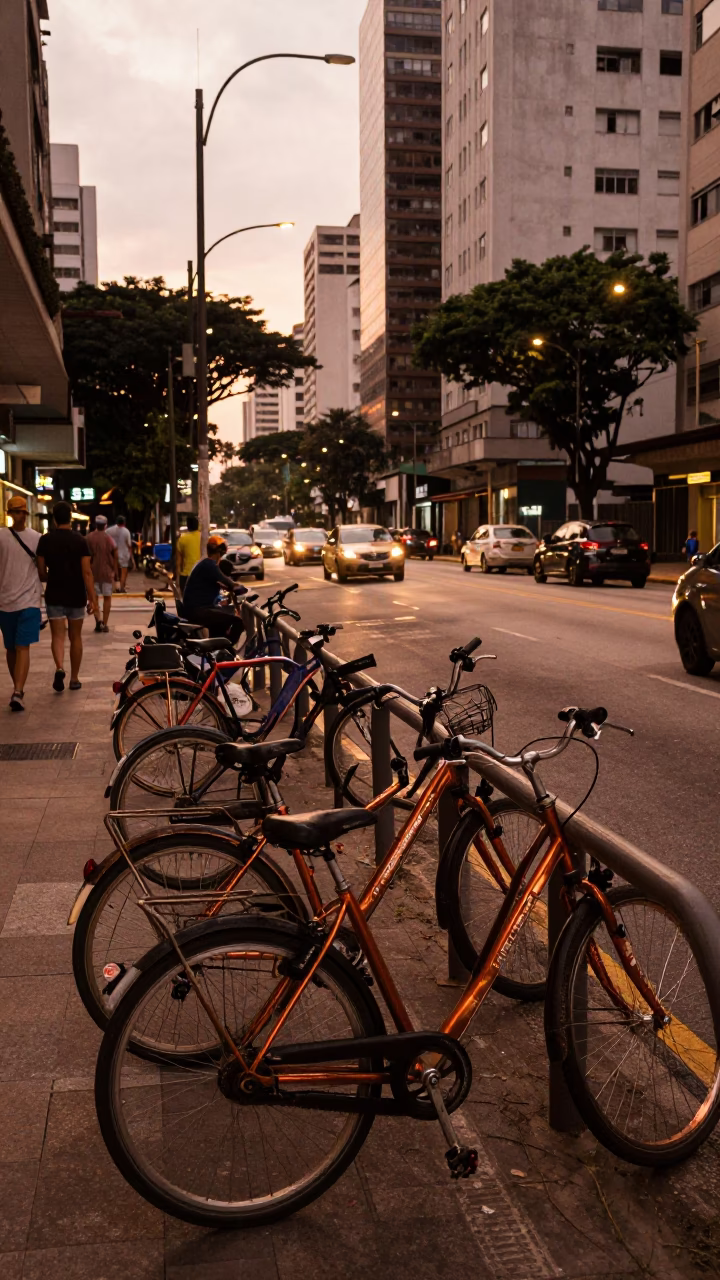 São Paulo Brazil copper light street scene with bicycles and urban infrastructure in in São Paulo, Brazil
