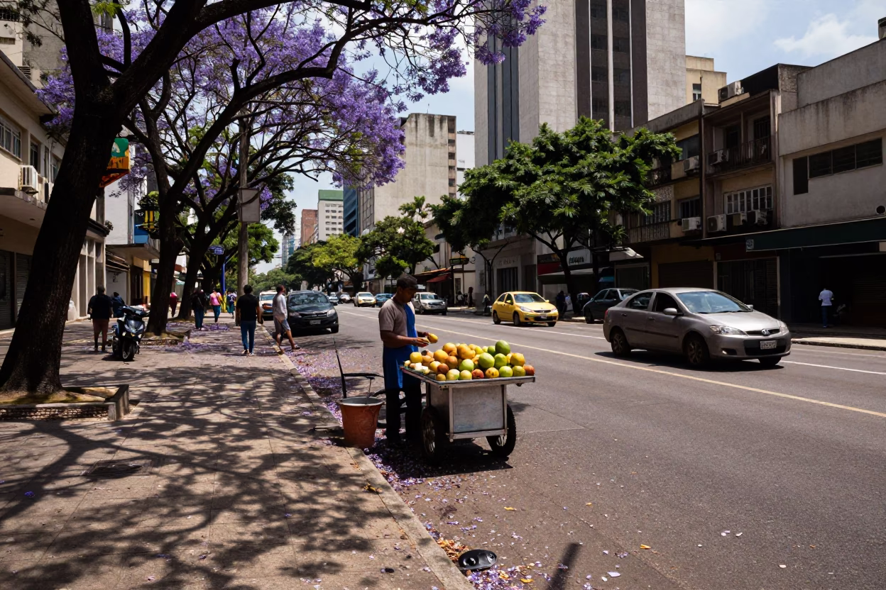 São Paulo Brazil Early Afternoon Street Scene with Jacaranda Blooms and Local Commerce in in São Paulo, Brazil