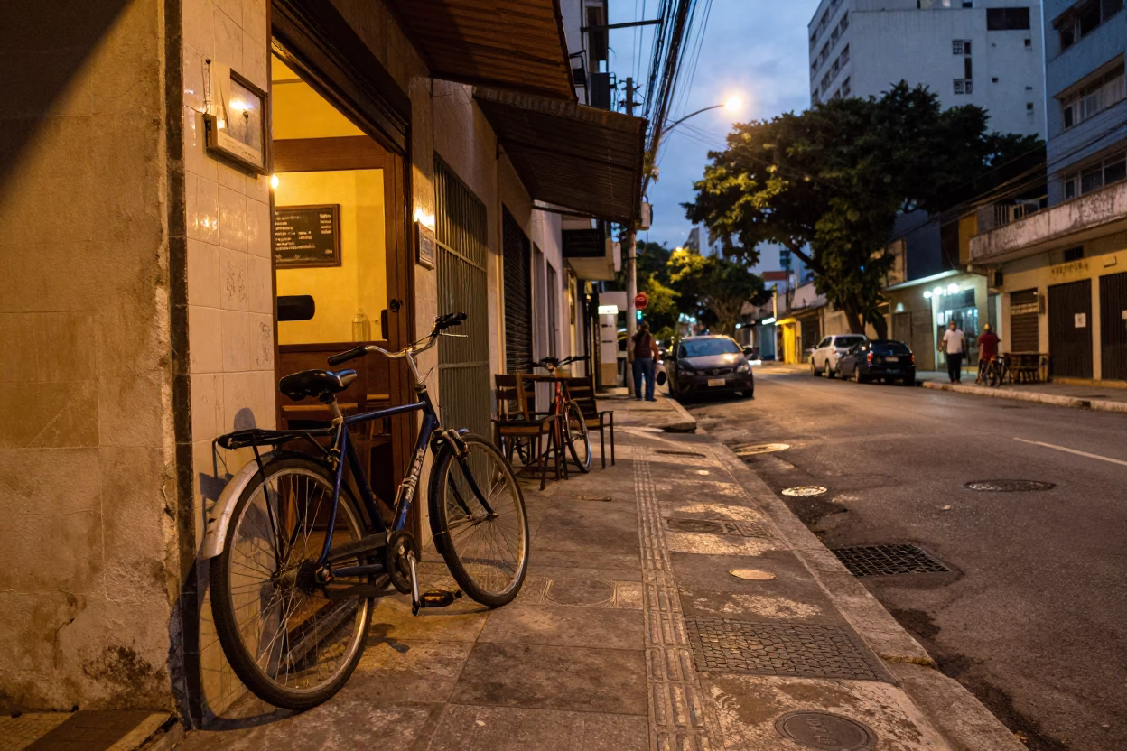 São Paulo Brazil Evening Street Scene with Bicycle and Cafe Life in in São Paulo, Brazil