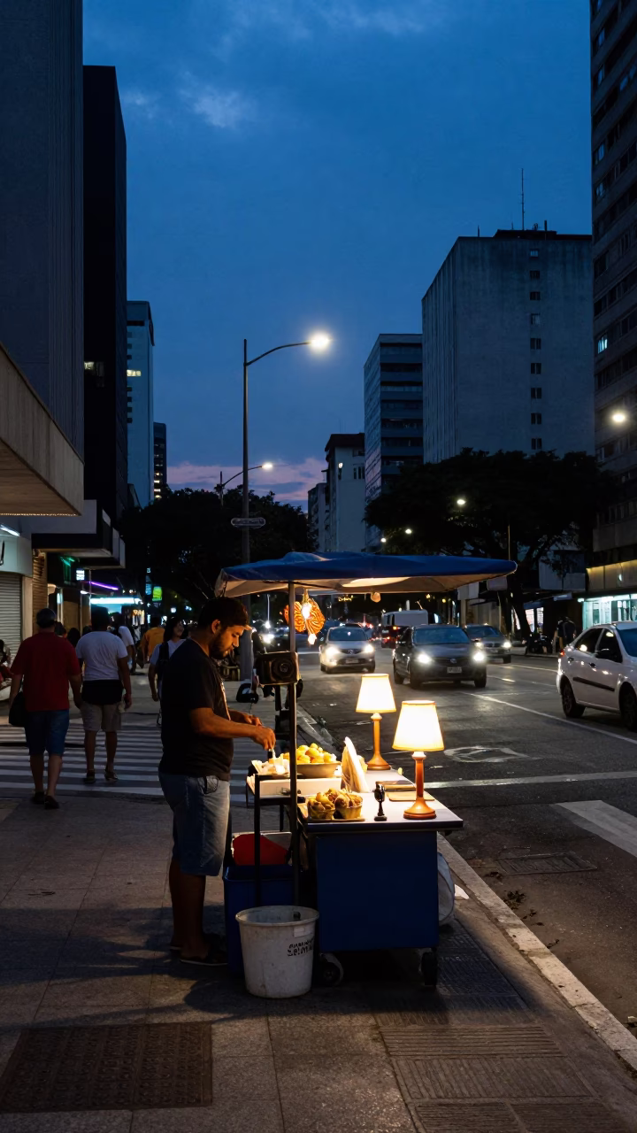 São Paulo Brazil indigo twilight street scene with table lamps and potted herbs in in São Paulo, Brazil