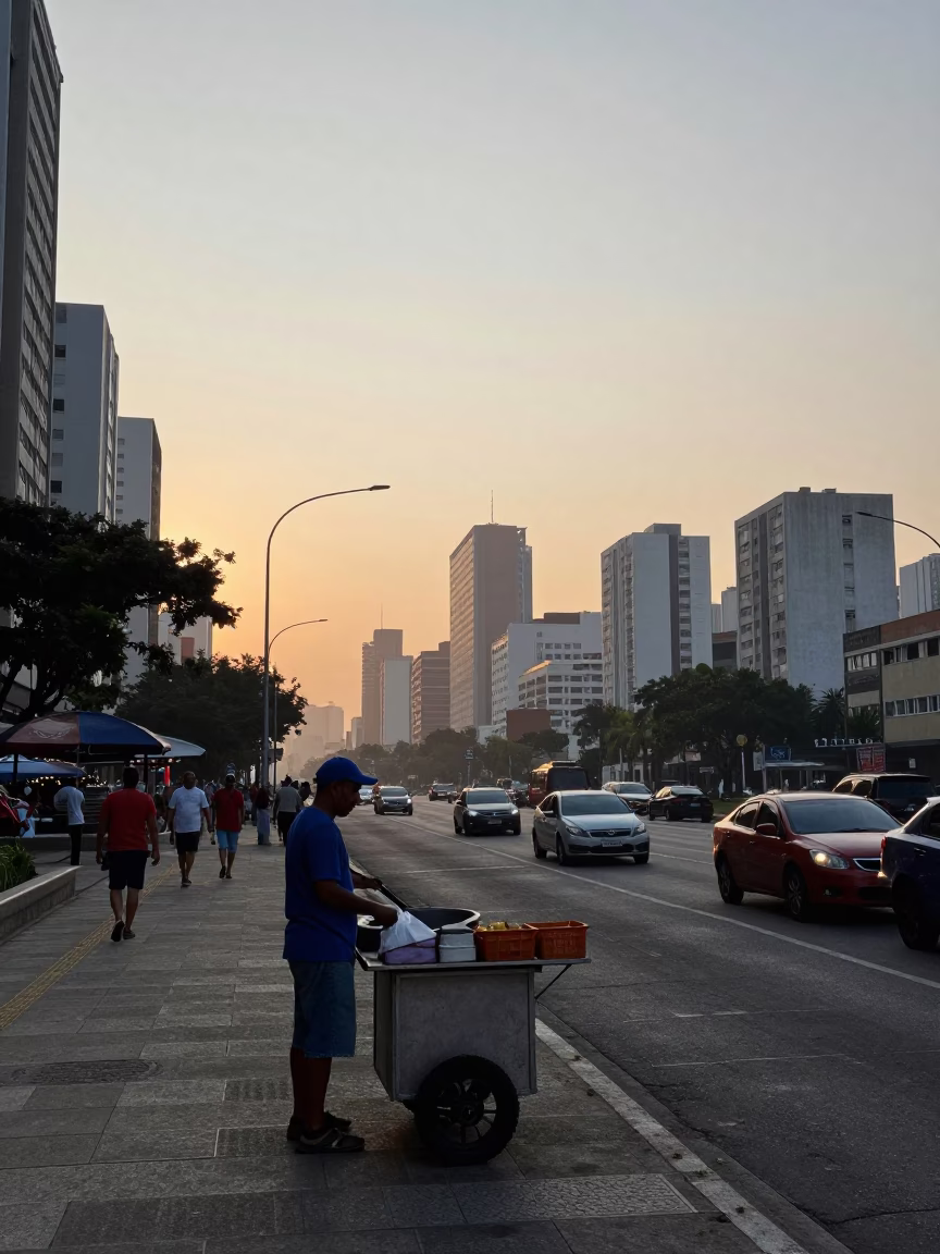 São Paulo Brazil Nautical Dawn Street Scene with Local Vendor and Morning Light in in São Paulo, Brazil
