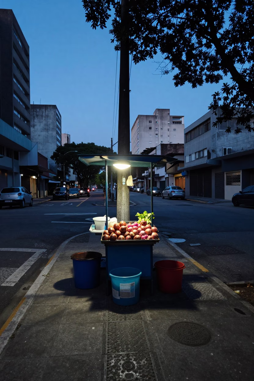 São Paulo Brazil Pre-Dawn Street Scene with Table Lamp and Onions in in São Paulo, Brazil