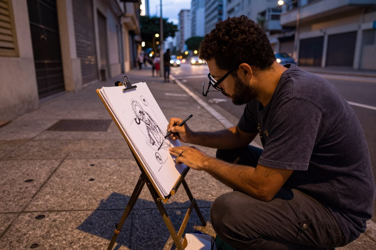 São Paulo Brazil street cartographer with spectacles and ink stains sketching before dawn in in São Paulo, Brazil