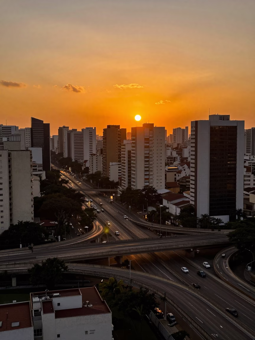 Sao Paulo Brazil Sunset Horizon View Overpass Interchange Glowing Taillights After Rain in in São Paulo, Brazil