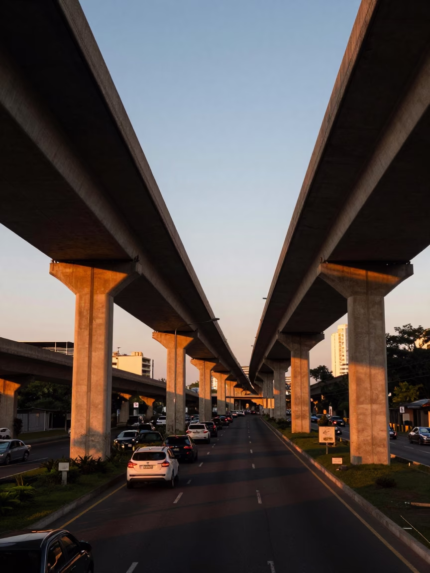São Paulo Brazil Sunset Traffic Overpass Interchange Lane Split Lit by Taillight Streaks in in São Paulo, Brazil