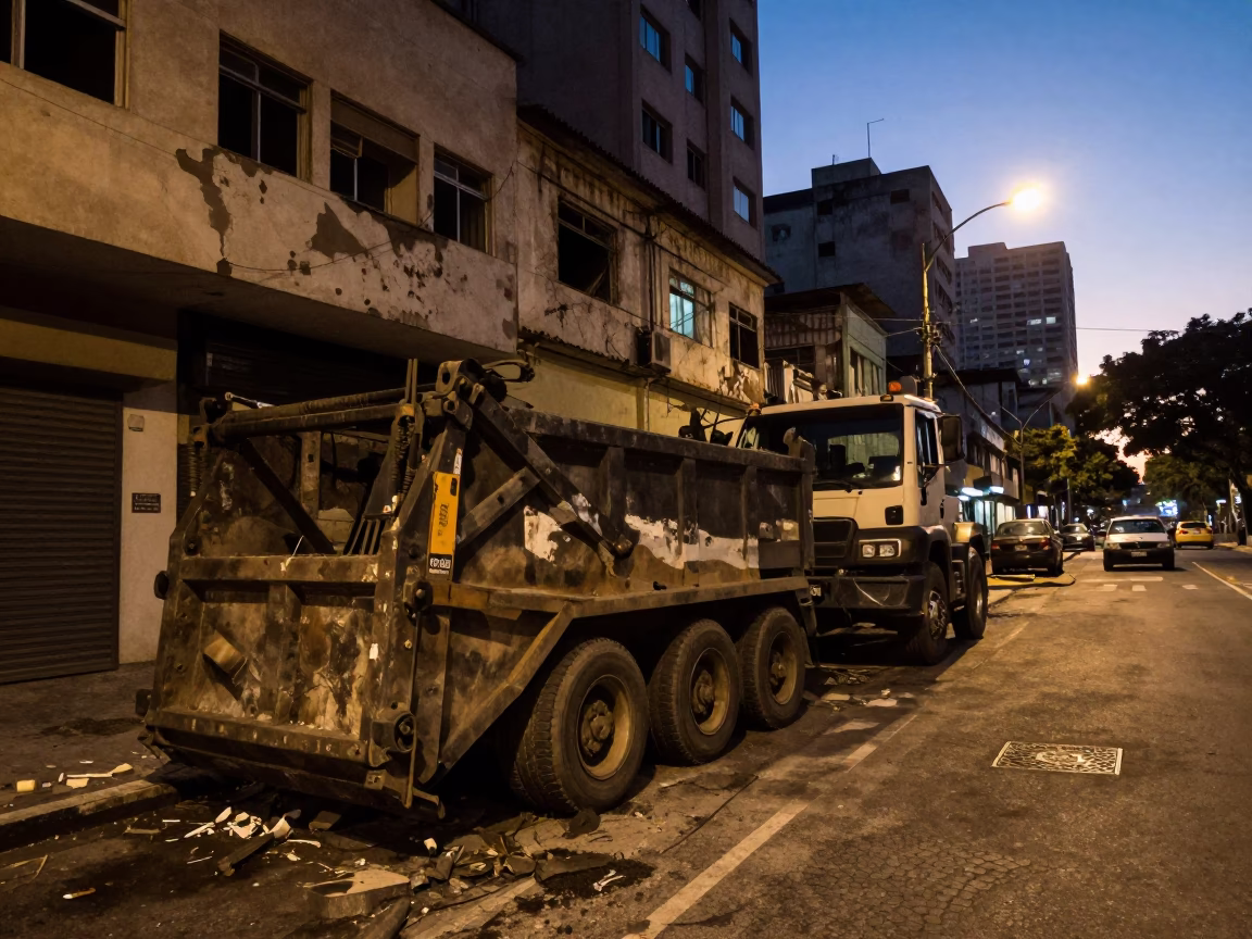 São Paulo Brazil Twilight Street Scene with Demolition Dumpster and Urban Decay in in São Paulo, Brazil