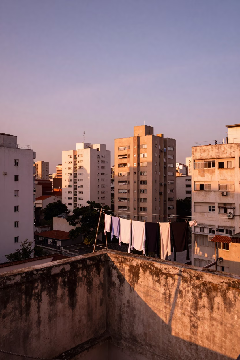 São Paulo City Skyline And Drying Laundry at Copper-toned Light Before Dusk in in São Paulo, Brazil