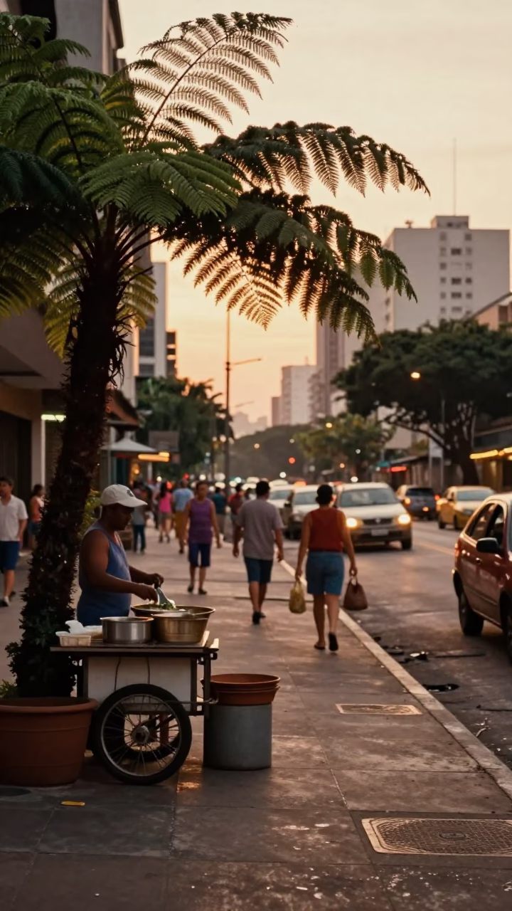 São Paulo Evening Street Scene with Ferns and Local Life in in São Paulo, Brazil