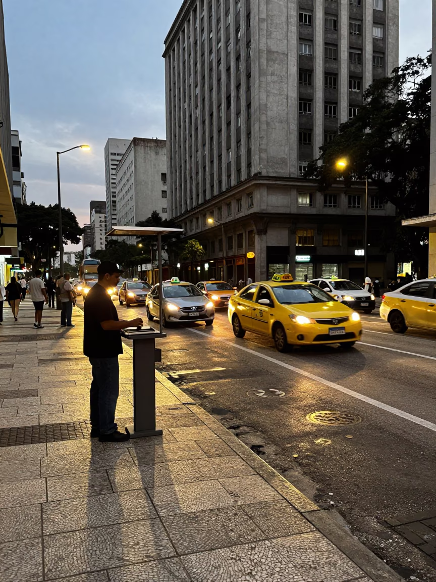 São Paulo Evening Street Scene with Valet Stand and Hotel Awning Reflections in in São Paulo, Brazil
