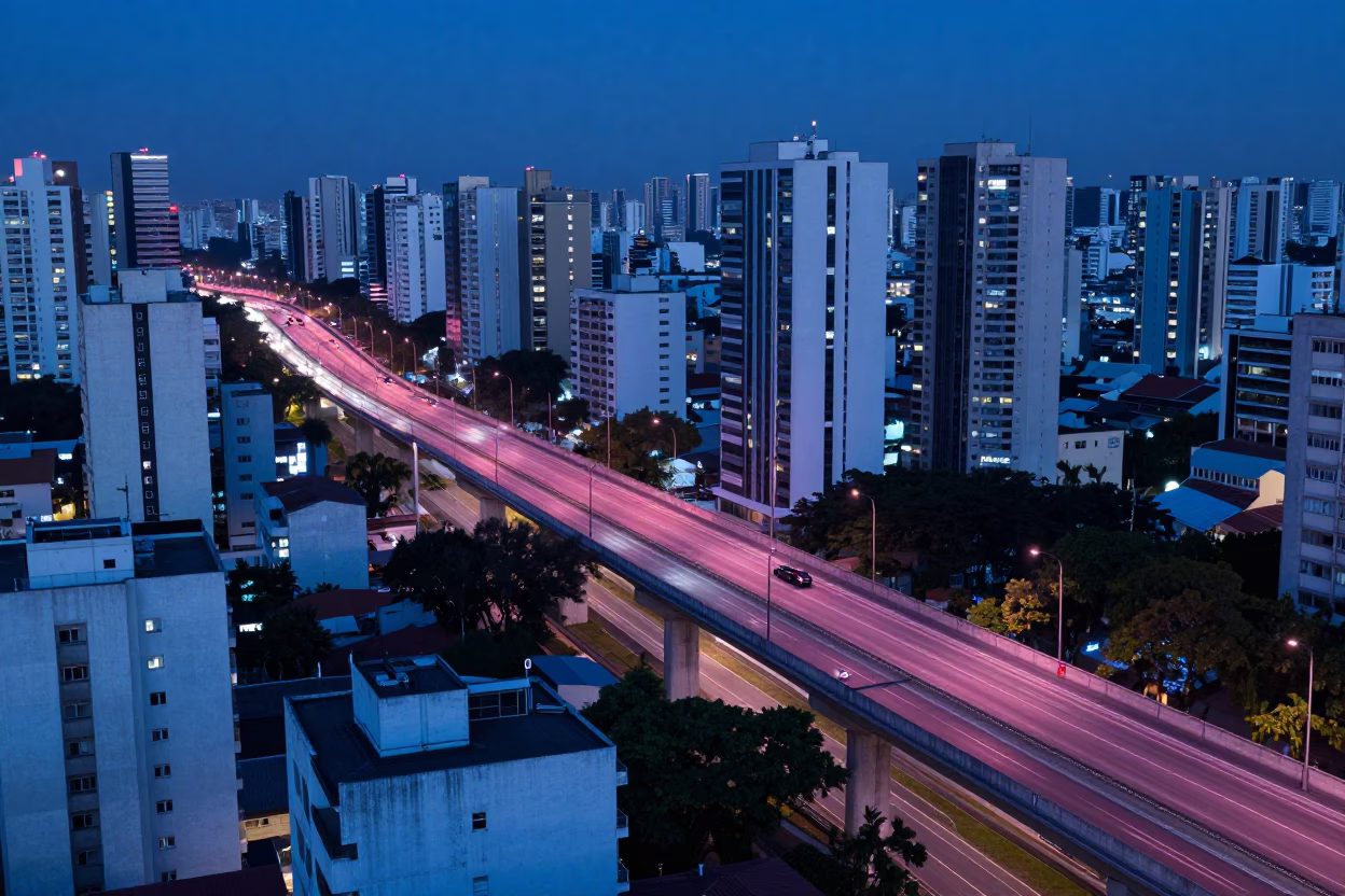 São Paulo Flyover Stack at The Last Blue Light Of Evening in in São Paulo, Brazil