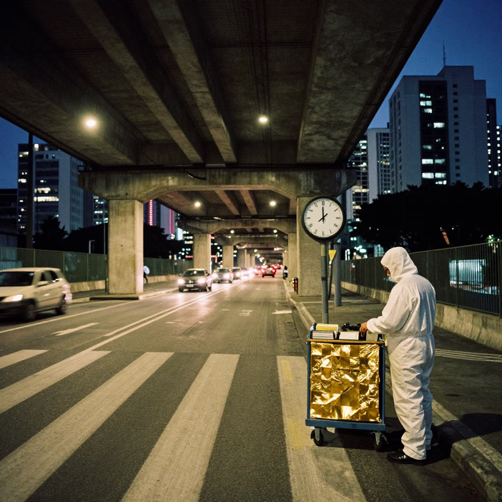 São Paulo Flyover Underpass at Dusk with Chess Clock and Clean Room Cart in in São Paulo, Brazil