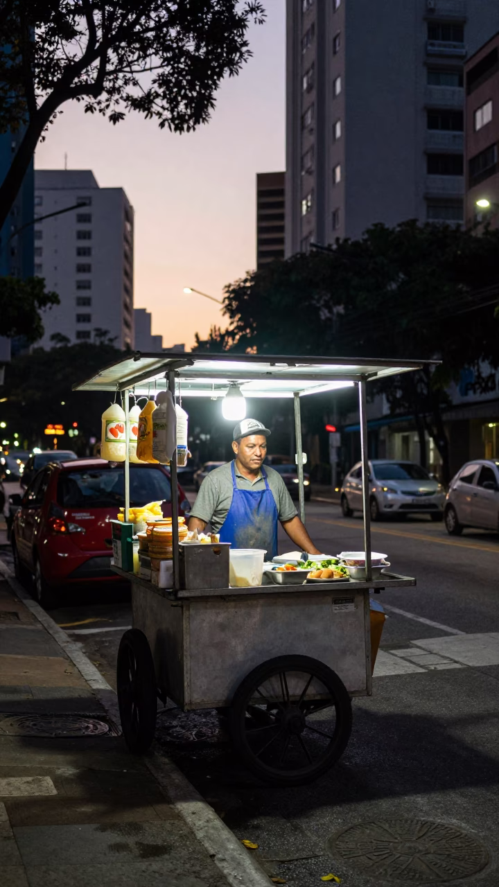 São Paulo Food Stall at The Still Hours Before Dawn Light in in São Paulo, Brazil