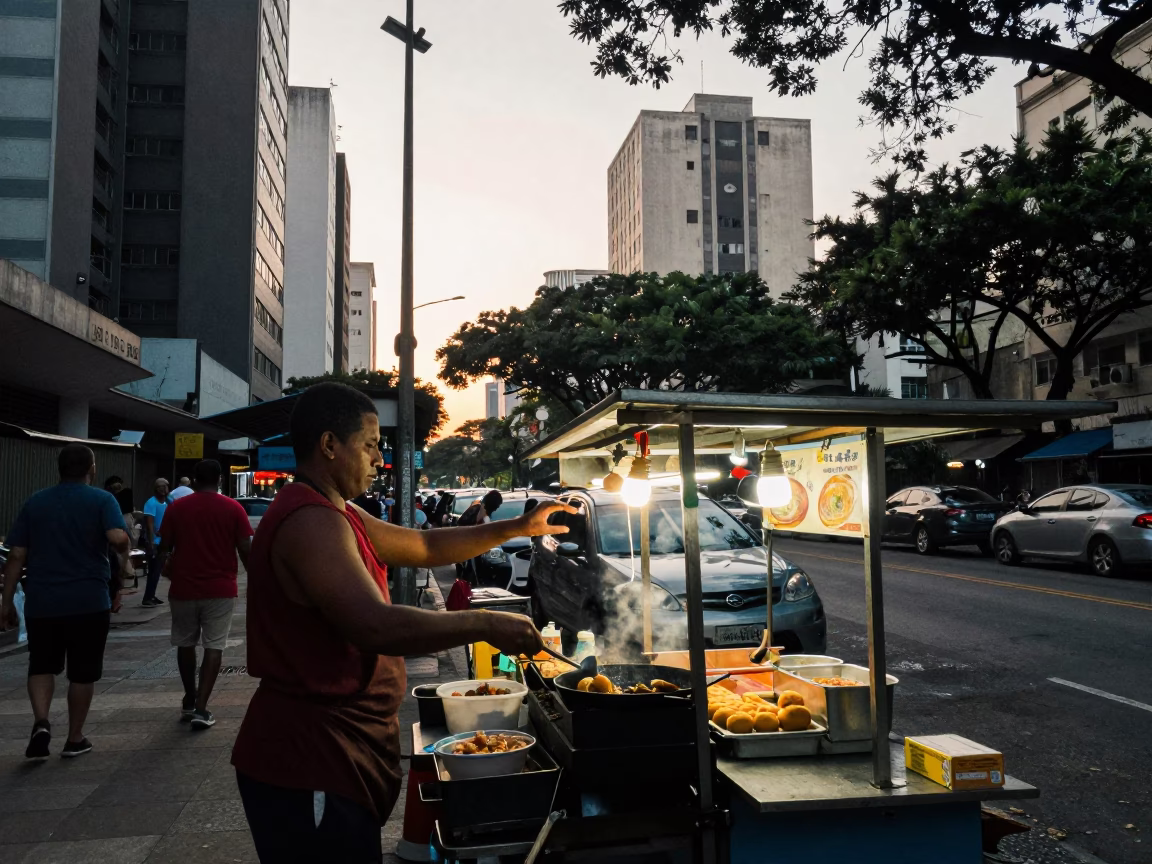 São Paulo Food Vendor at As First Light Reaches The Scene in in São Paulo, Brazil