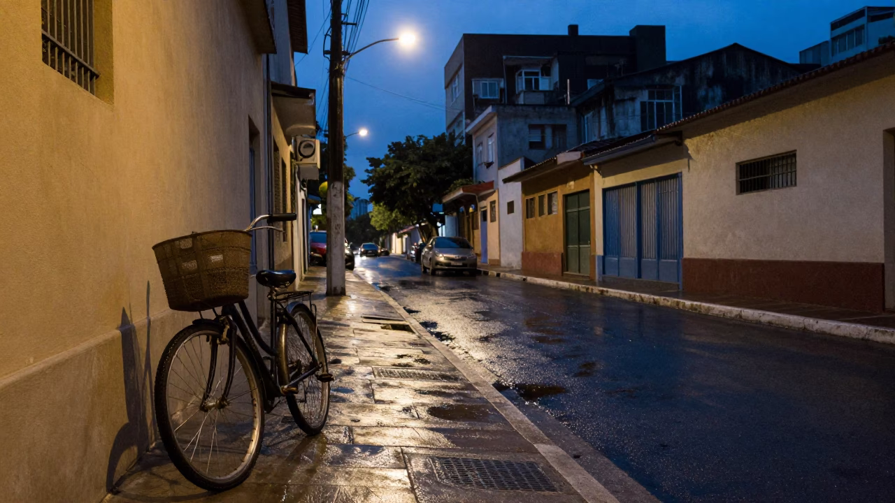 São Paulo indigo twilight street scene with bicycle basket and porcelain jars in in São Paulo, Brazil