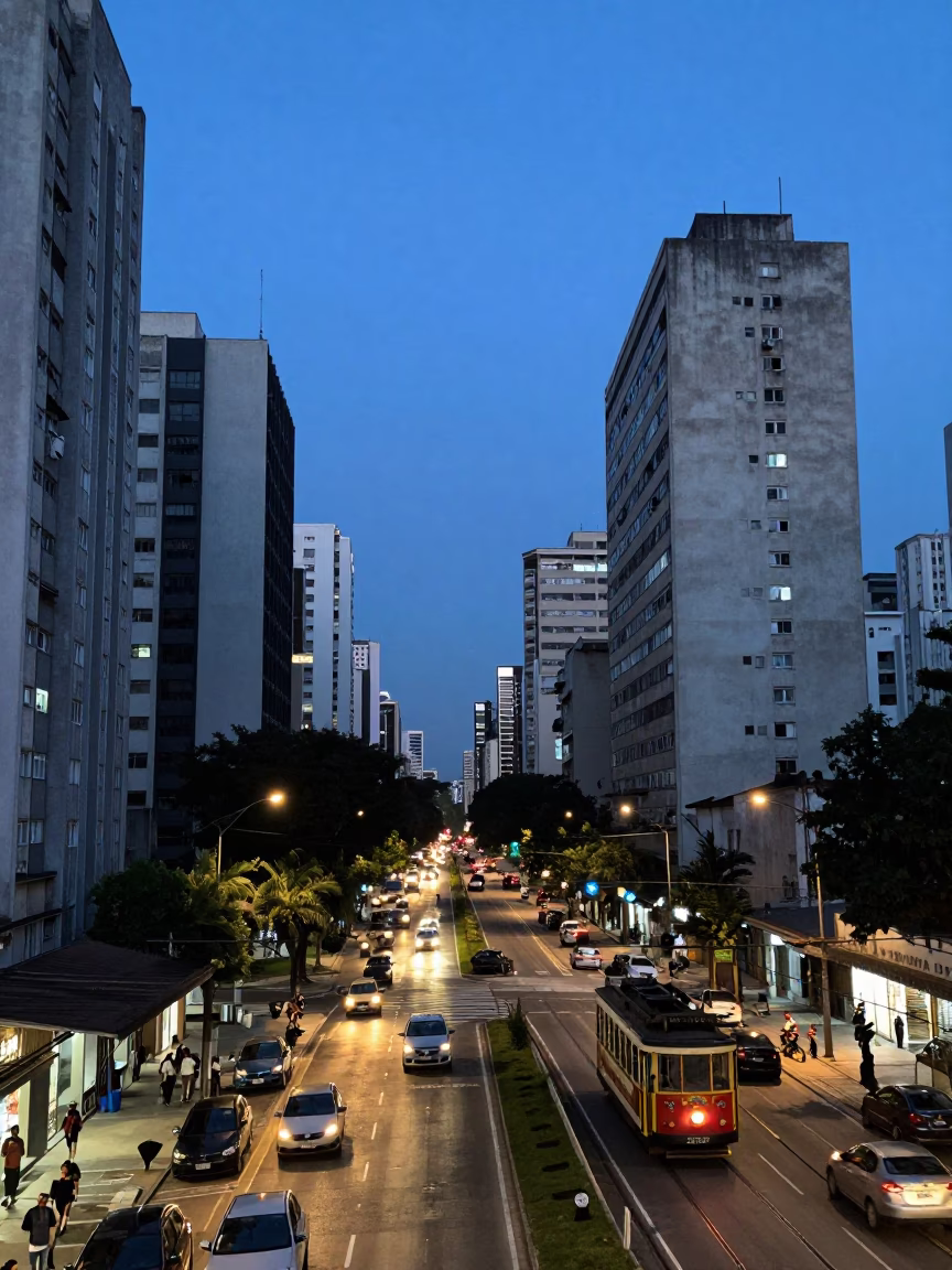 São Paulo Indigo Twilight Street Scene with Cable Car and City Lights in in São Paulo, Brazil