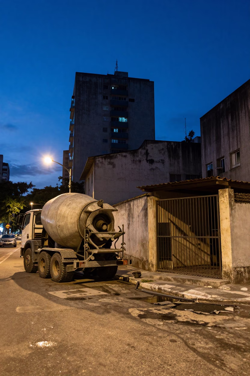 São Paulo indigo twilight street scene with cement mixer construction site in in São Paulo, Brazil