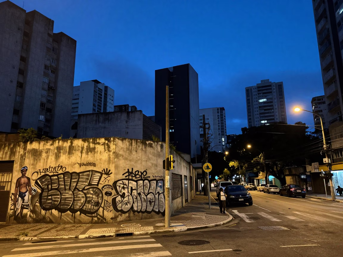 São Paulo indigo twilight street scene with graffiti and urban details in in São Paulo, Brazil