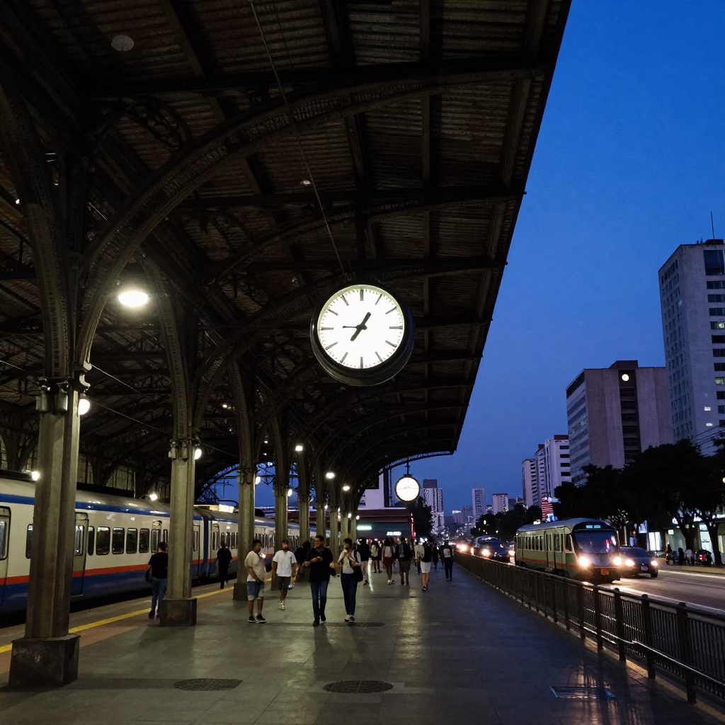 São Paulo Indigo Twilight Street Scene with Train Station Clock and Urban Life in in São Paulo, Brazil