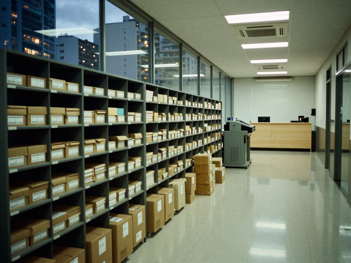 São Paulo Mailroom Station Before Office Rush in inside an open-plan office bay in São Paulo