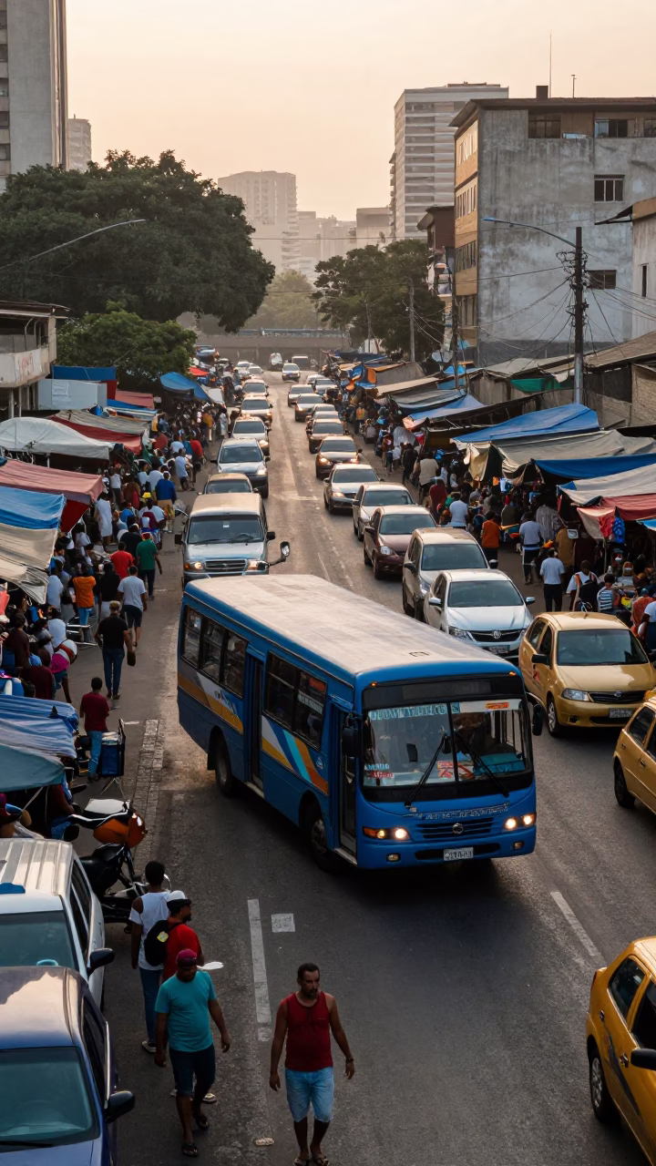 São Paulo Matatu Weaving Through Bustling Dawn Market Traffic in Brazil in in São Paulo, Brazil