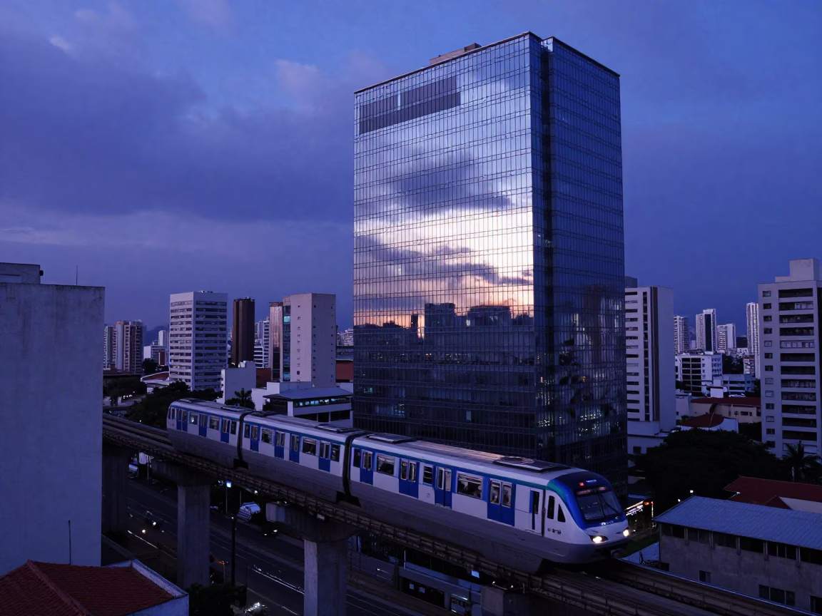 São Paulo Monorail Reflected in Glass Skyscraper During Indigo Twilight in in São Paulo, Brazil