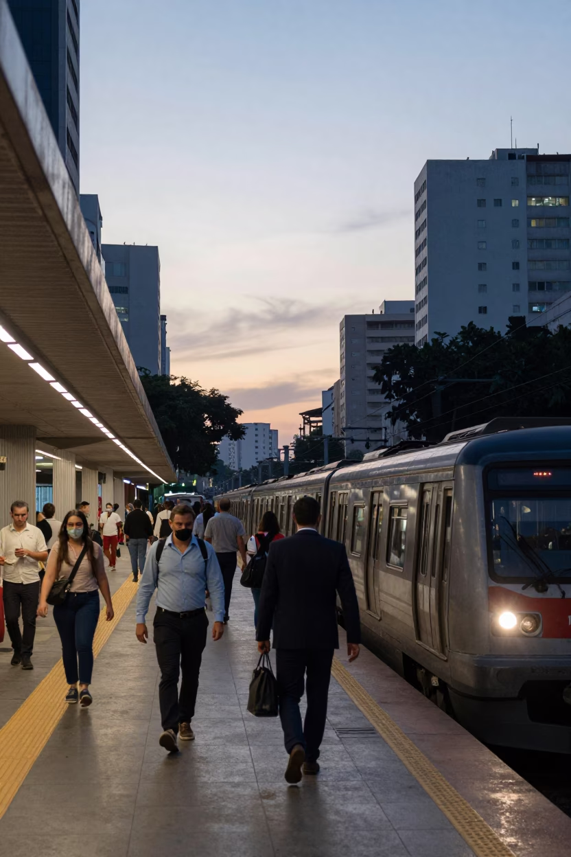 São Paulo Nautical Dawn Commuter Train Platform Morning Rush in in São Paulo, Brazil