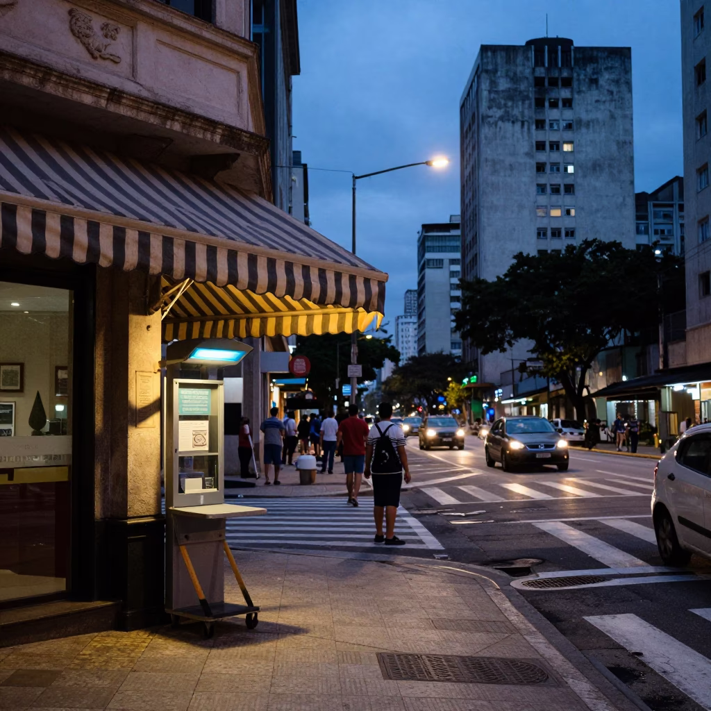 São Paulo Nautical Dawn Street Scene with Valet Stand and Headlight Streaks in in São Paulo, Brazil