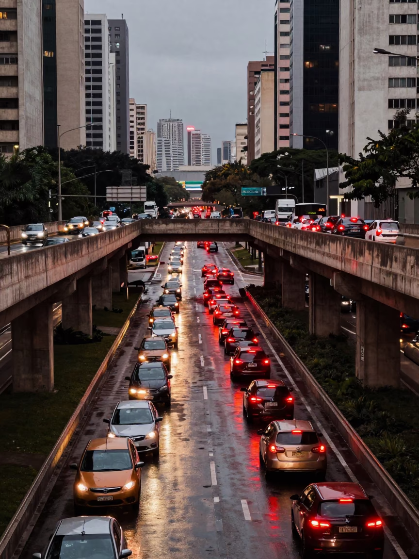 São Paulo Overpass Interchange Glowing with Taillights in Copper Toned Dusk Light in in São Paulo, Brazil