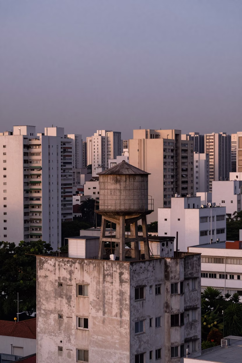 São Paulo Rooftop Water Tower and Evening Skyline at Dusk in in São Paulo, Brazil