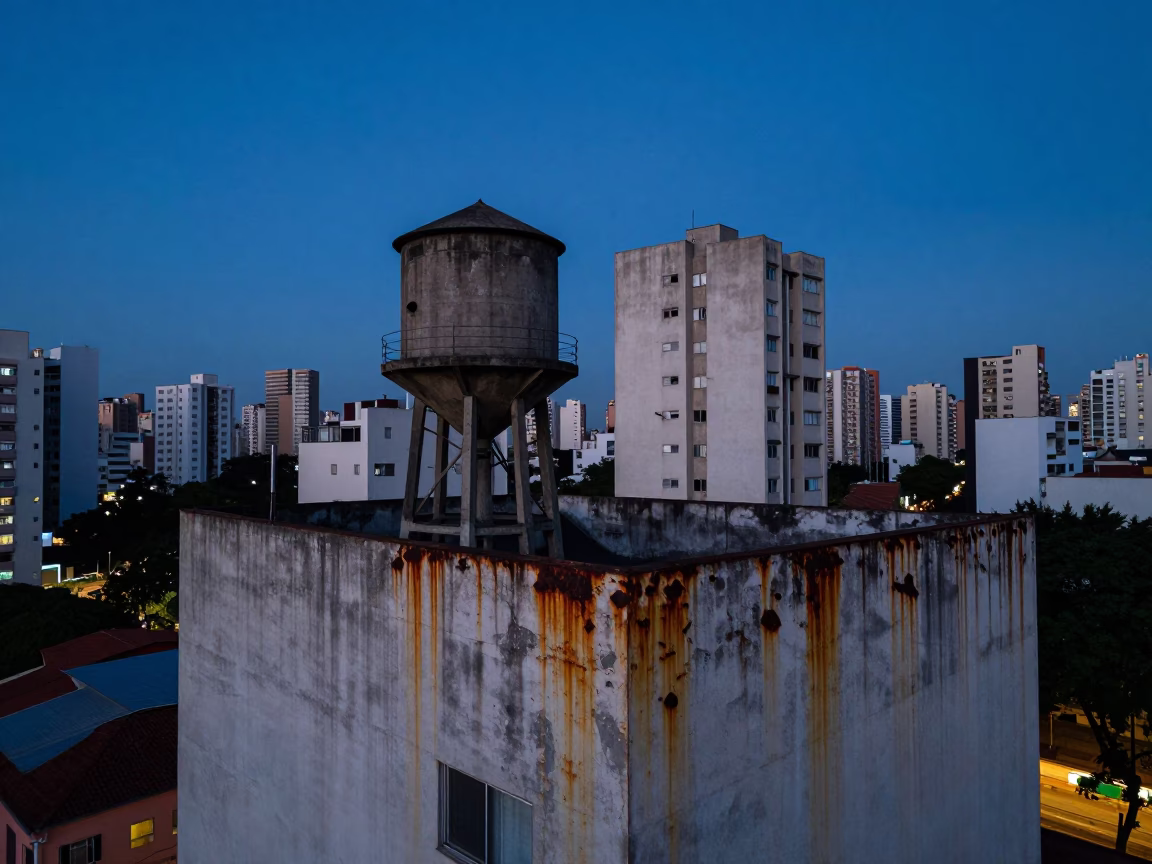 São Paulo Rooftop Water Tower And Rusting Wall Details at Twilight in in São Paulo, Brazil