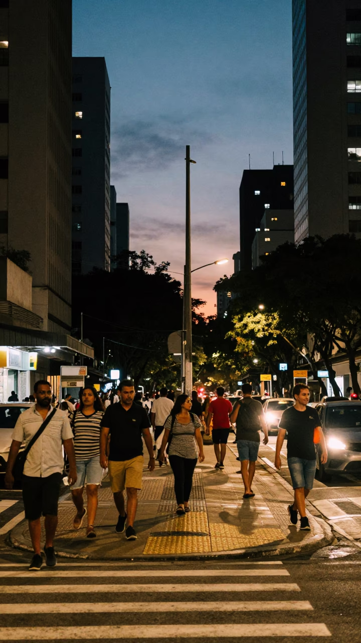 São Paulo Street Corner at As City Lights Begin To Glow in in São Paulo, Brazil