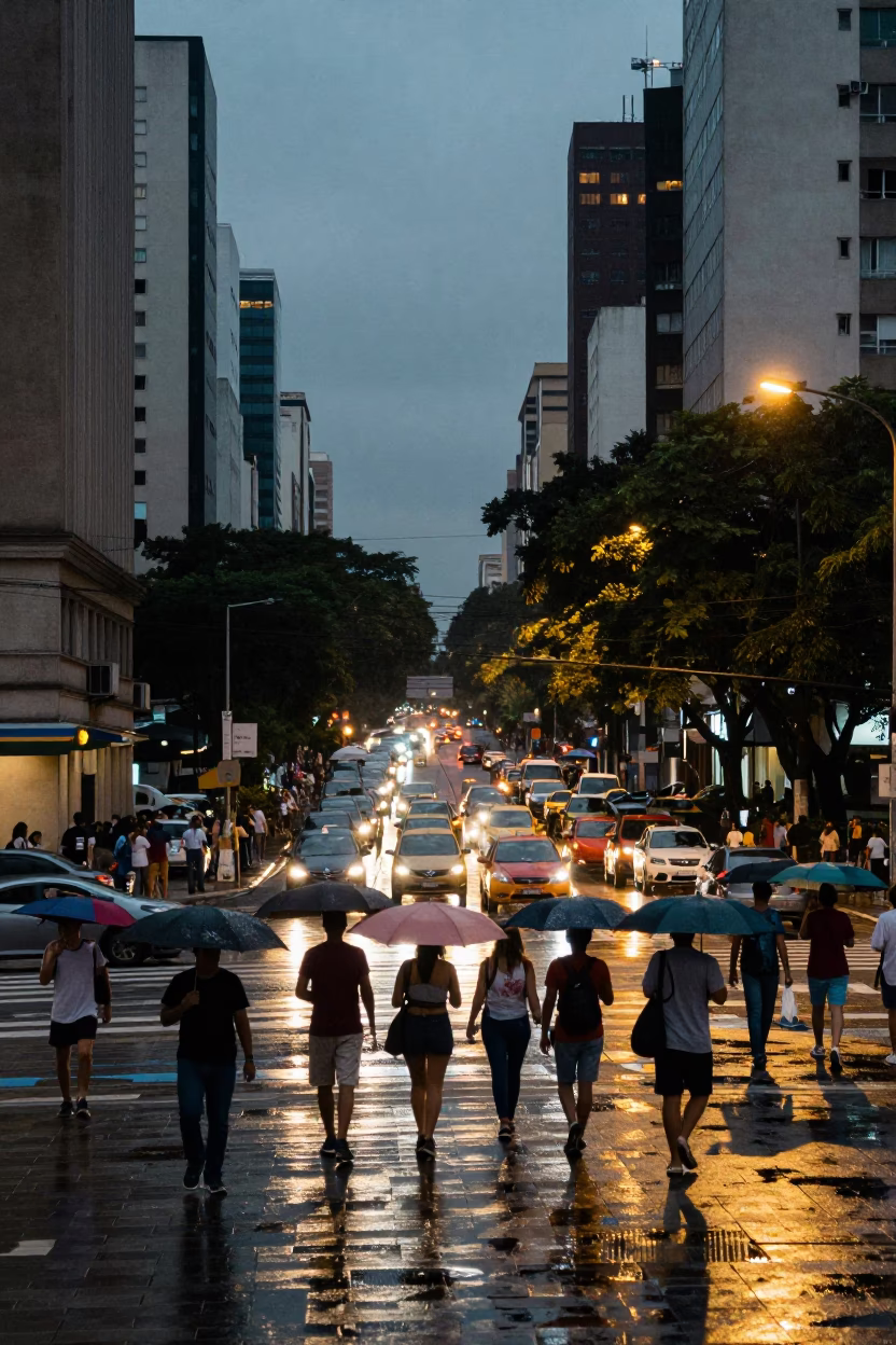 São Paulo Street Scene at As City Lights Begin To Glow in in São Paulo, Brazil