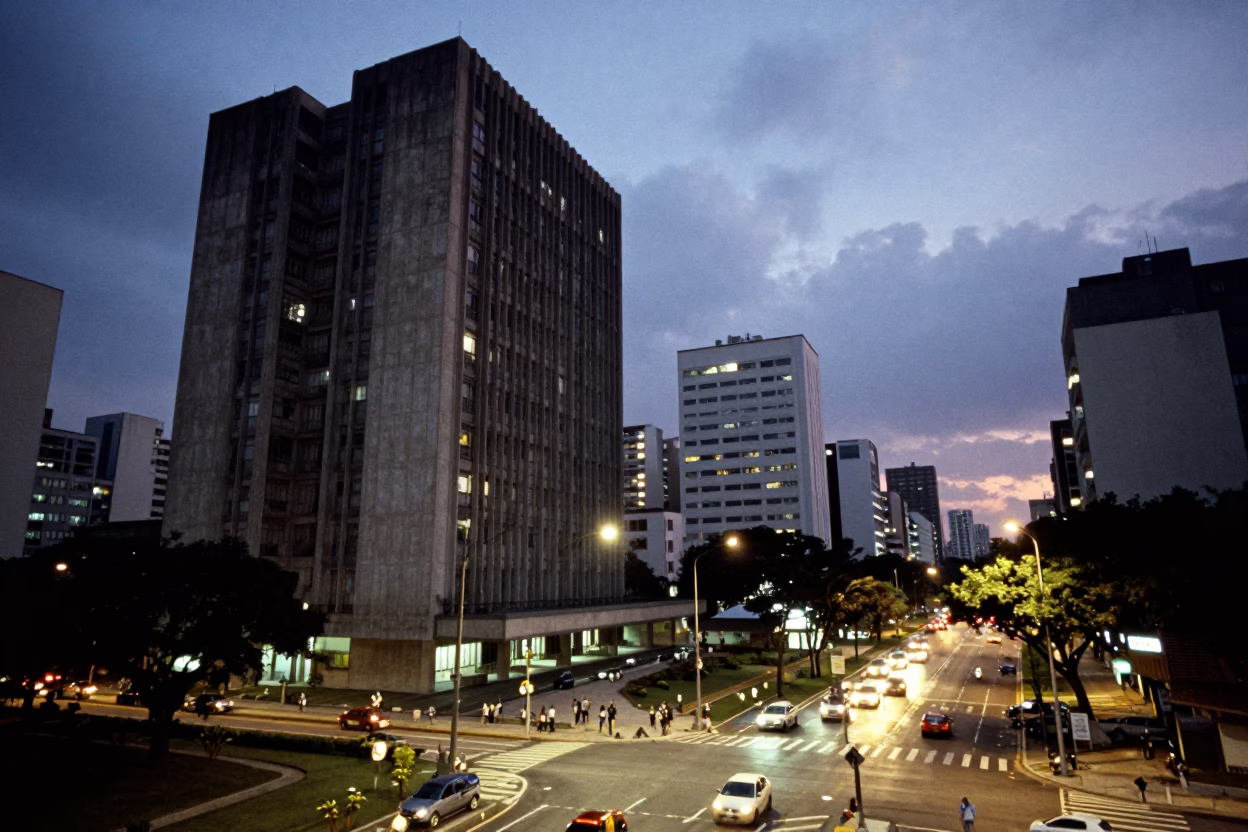 São Paulo Street Scene at Dusk with Brutalist Architecture and Urban Life in in São Paulo, Brazil