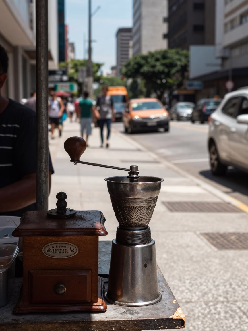 São Paulo Street Scene Noon Light Coffee Grinder and Tailor Shears in in São Paulo, Brazil