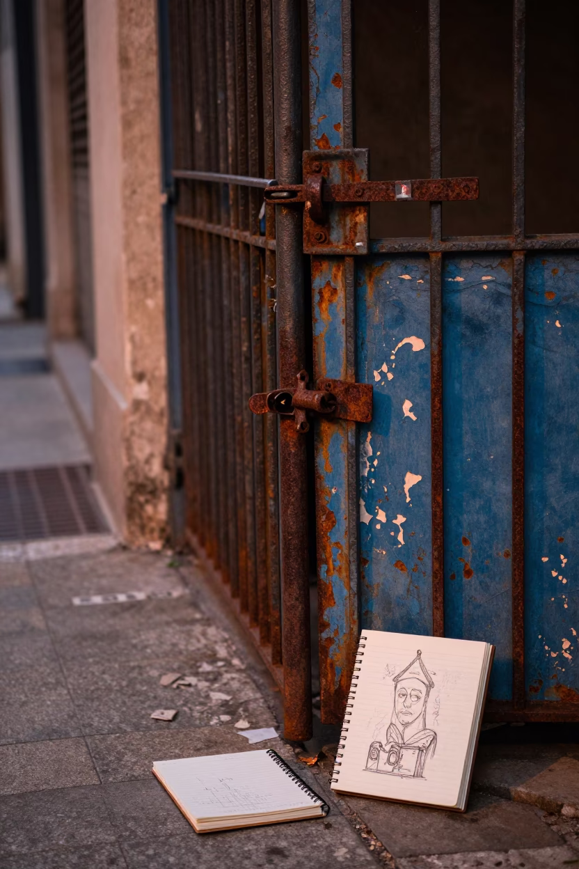 São Paulo Street Scene with Rusty Latch and Sketchbook in Copper Dusk Light in in São Paulo, Brazil